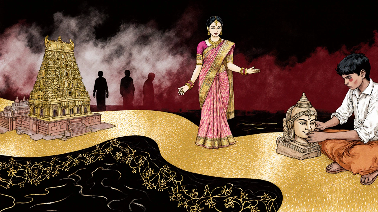 A symbolic watercolor river linking temple idols, brides, and artisans, representing the living legacy of handmade temple jewelry across generations.