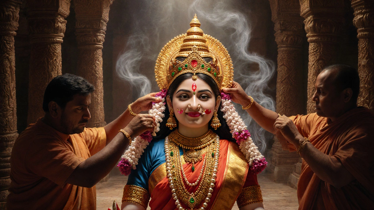 A temple goddess adorned in intricate gold jewelry with bells and lotus motifs, being dressed by priests at dawn in a South Indian temple.