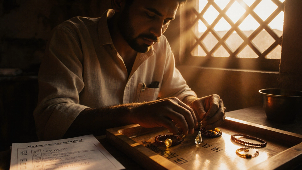 Artisan arranging beads on a tray, checking a list before creating a lucky‑count jewelry piece.