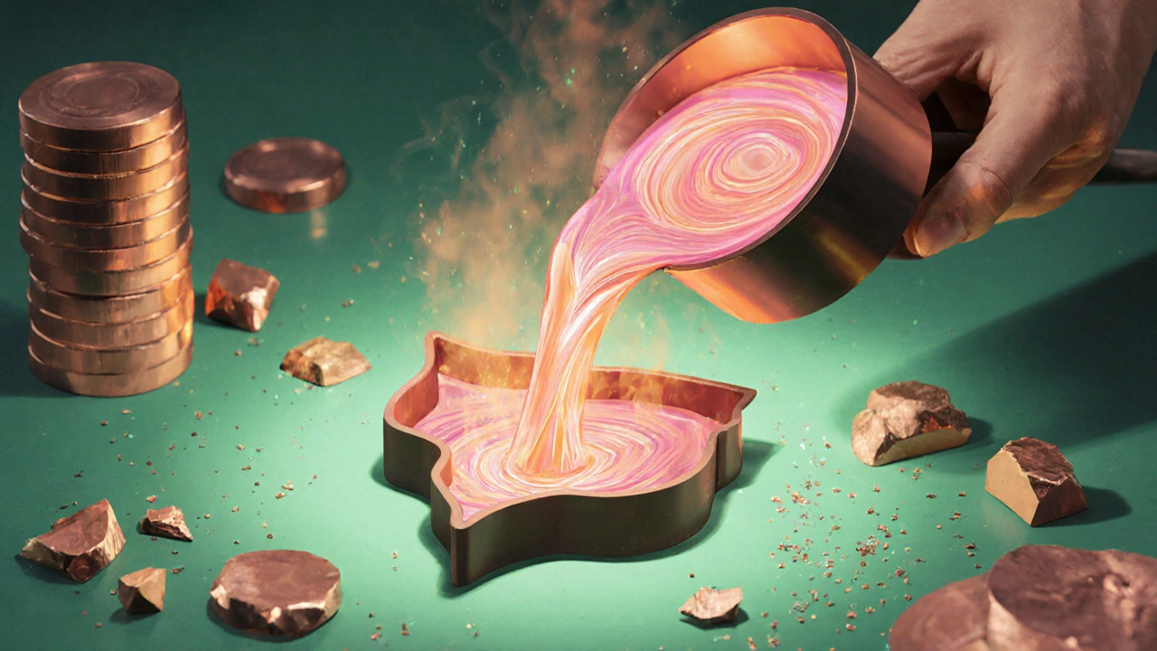 Artisan melting recycled rose gold into a leaf-shaped pendant.