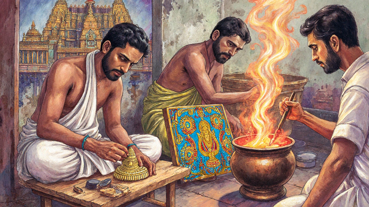 Artisans crafting temple gold with enamel and molten gold in a traditional workshop.