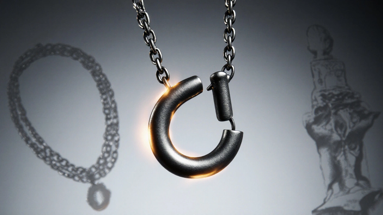 Artistic depiction of a split ring securing a heavy pendant on a chain.