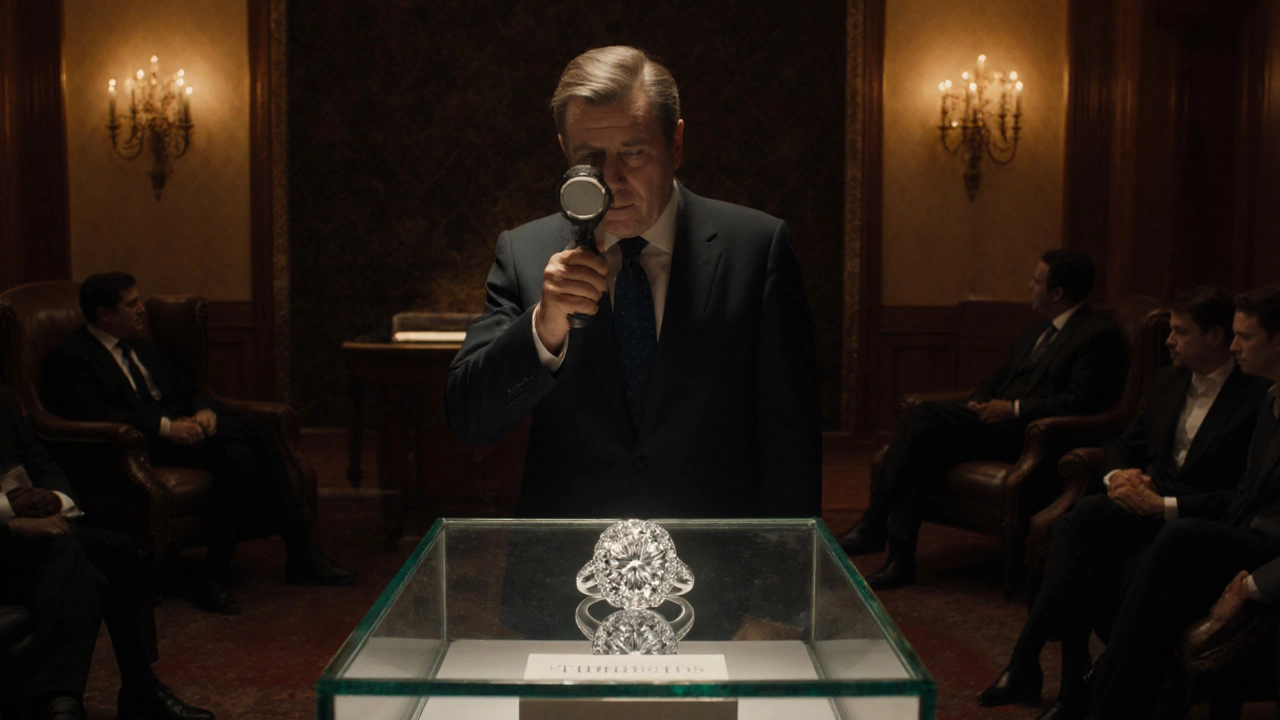 Auction house display with a Tiffany ring being examined by a jeweler and bidders watching.