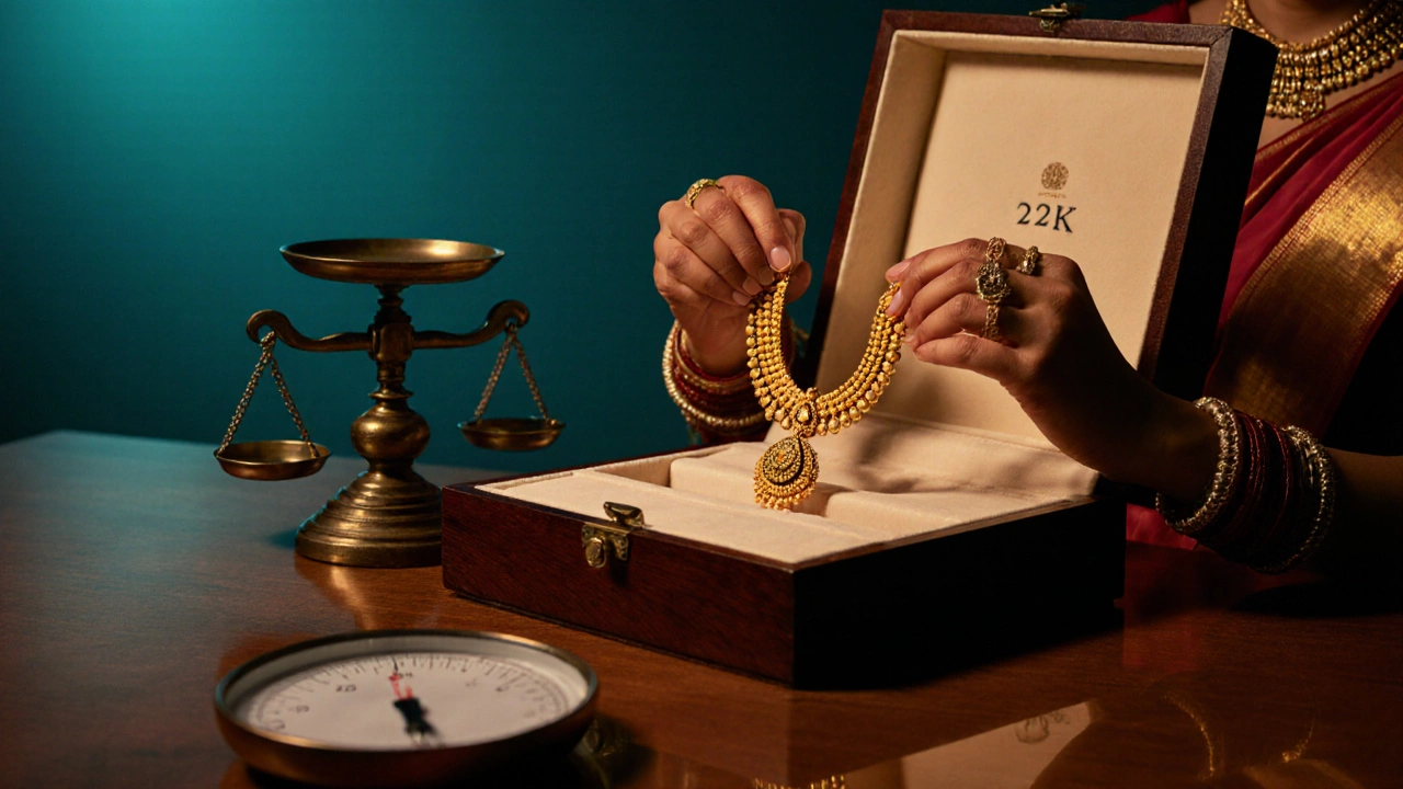 Bride examining a gold temple necklace with hallmark stamp and scale on a jeweler's table