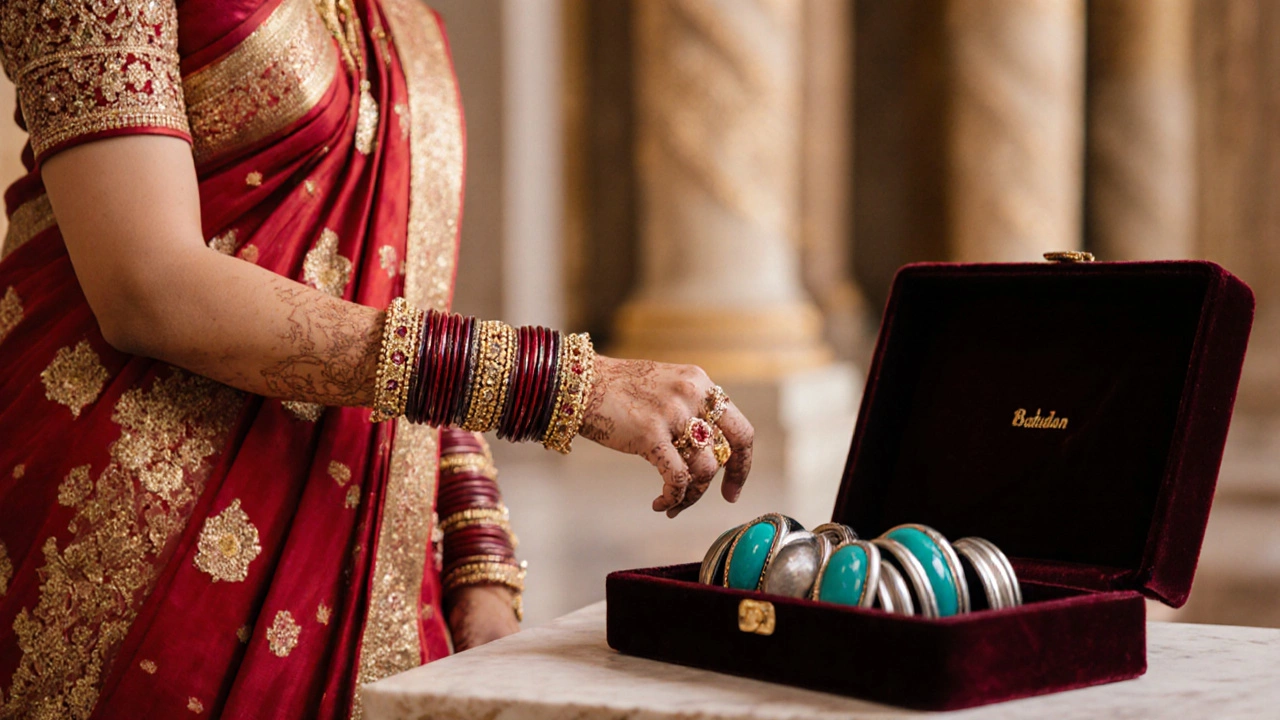 Bride in red saree wearing layered maroon, gold, and silver bangles; velvet box shows stored bangles.