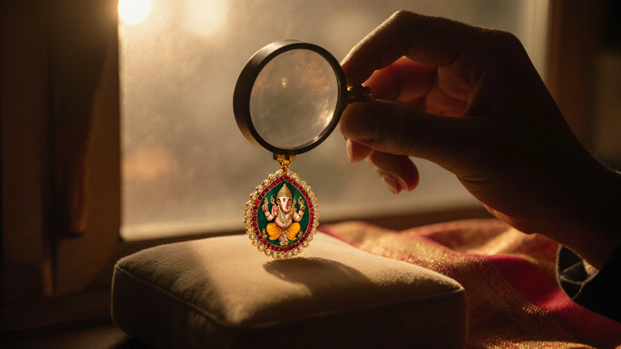 Buyer inspecting a temple gold pendant with gemstone accents and hallmark.