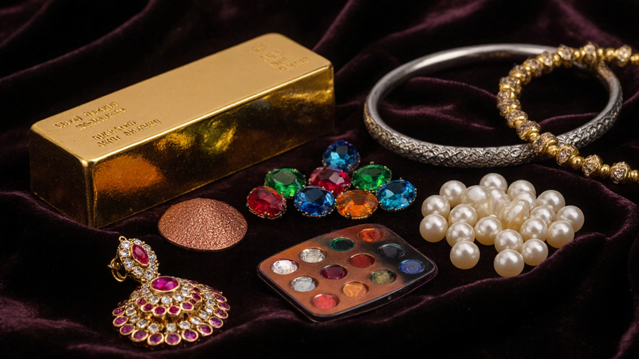Close‑up of gold, silver, copper, gemstones, pearls, enamel, and a kundan pendant