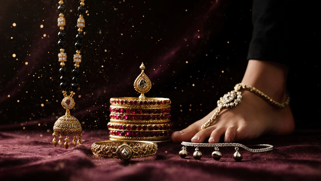 Close-up of mangalsutra, bangles, nose ring, maang tikka, and anklet against dark background.