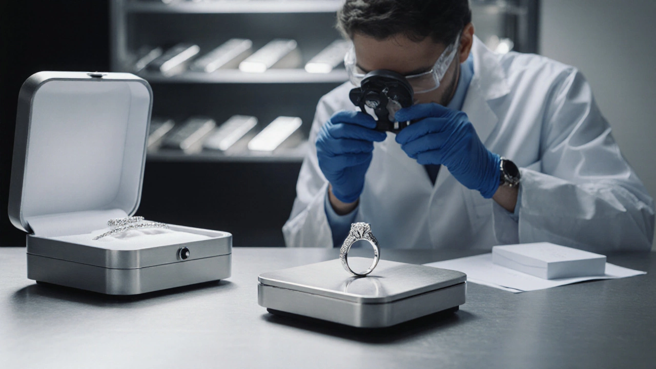 Dealer evaluates a platinum ring with documentation in a workshop.