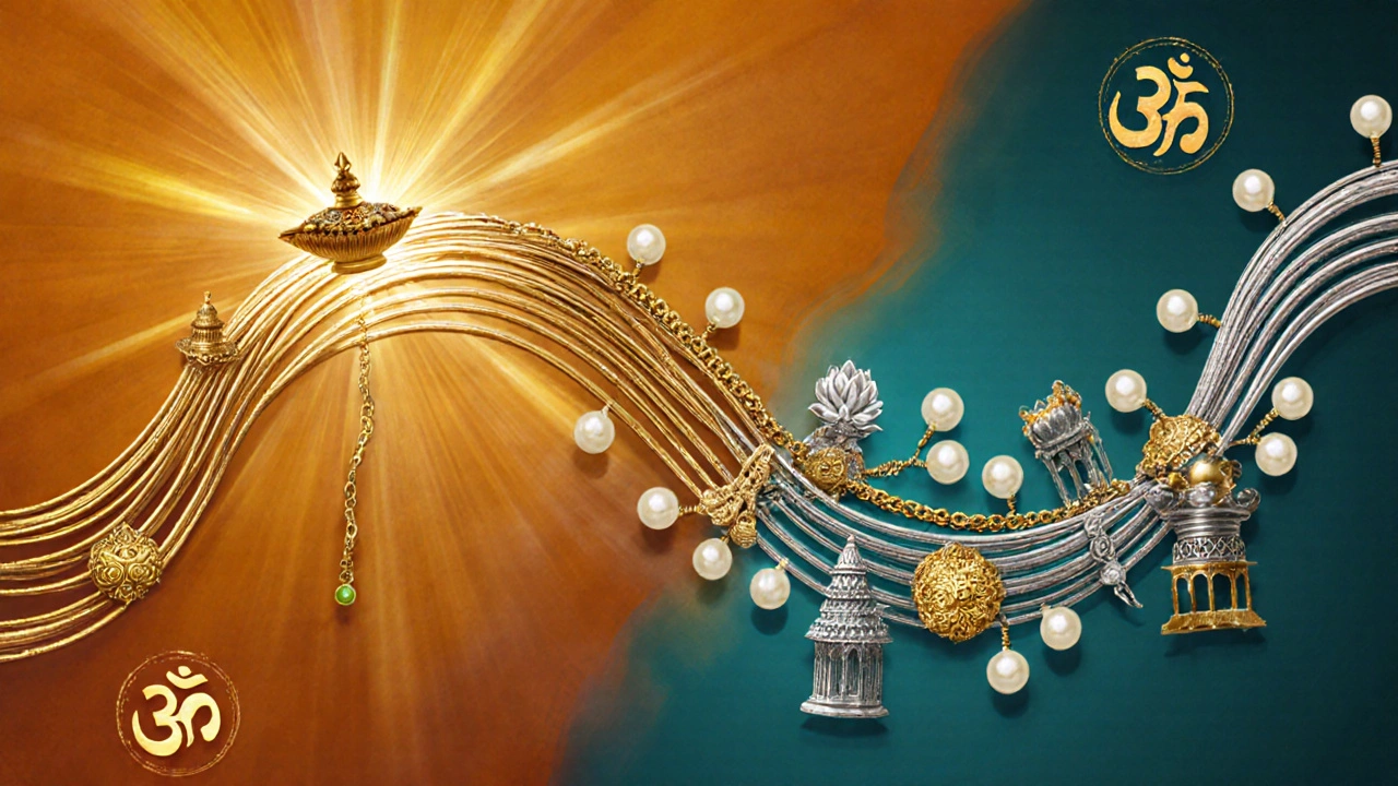 Digital art map of India made of gold and silver threads showing regional mangalsutra motifs.