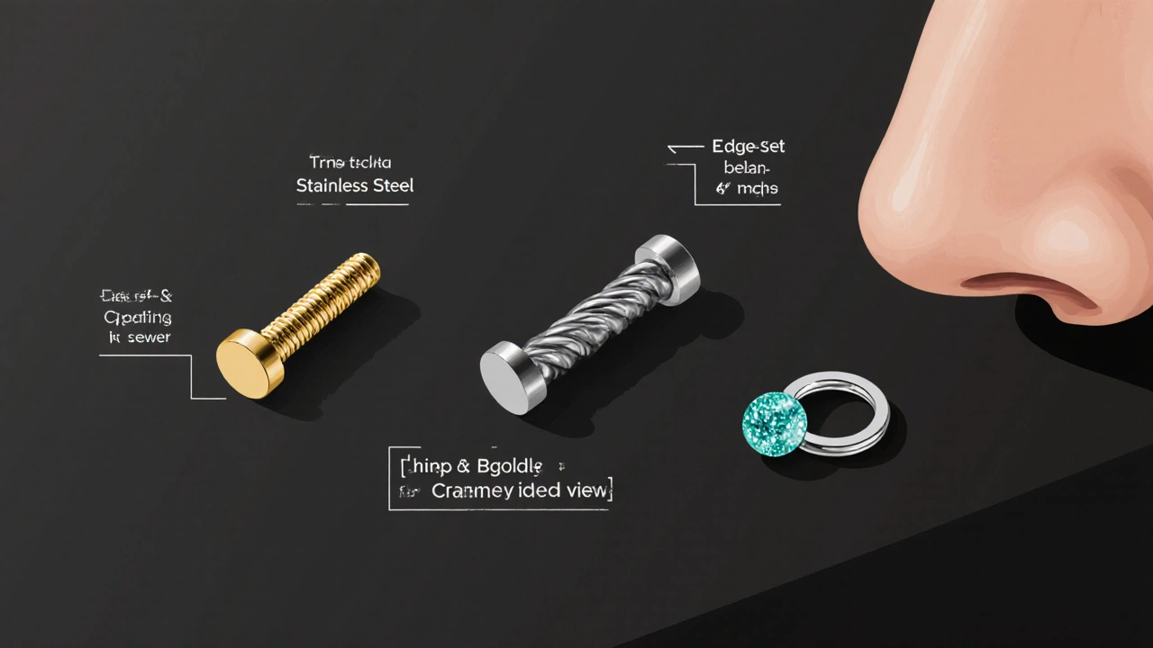 Flat‑lay of a nose stud, screw, and edge‑set captive bead ring on a dark surface.