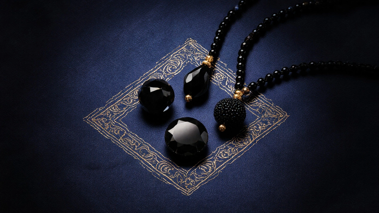Flat‑lay of onyx, black spinel, black diamond, and rudraksha beads on indigo silk, highlighted by gold motifs.