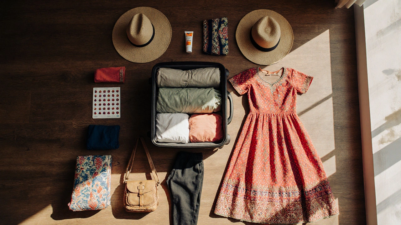 Flat lay of suitcase packing with Indian clothing and travel accessories.
