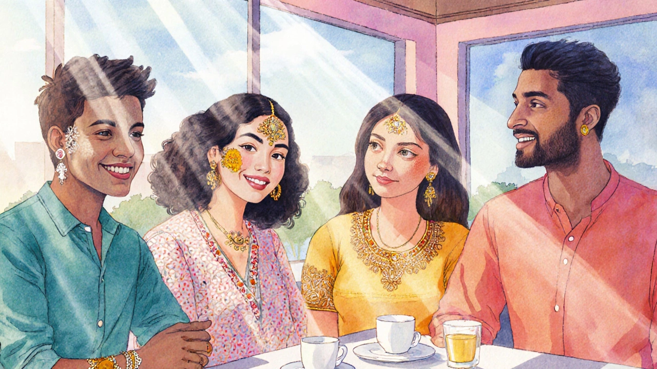 Group of diverse friends in a café each wearing a different style of bindi.