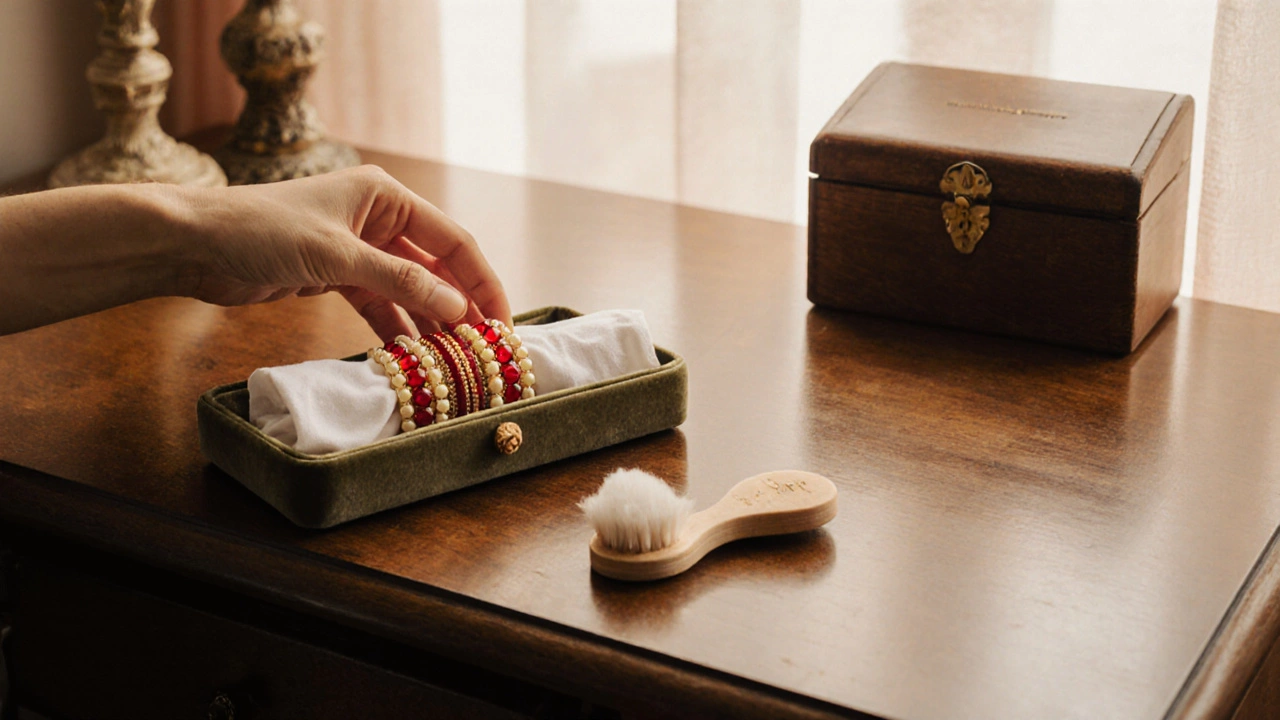 Hand placing a chooda set into a velvet jewelry box with cotton wraps and polishing brush.