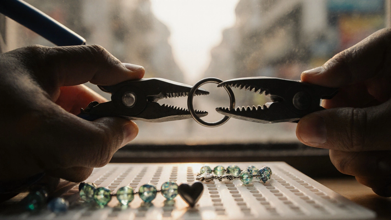 Hands twisting a jump ring with pliers beside glass beads and a metal heart charm.