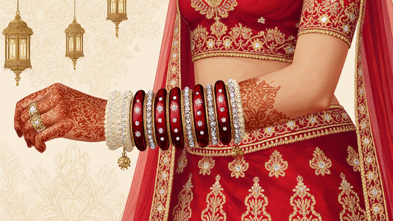 Illustrated bride wearing a red and ivory chooda set with polki decorations on her wrist.