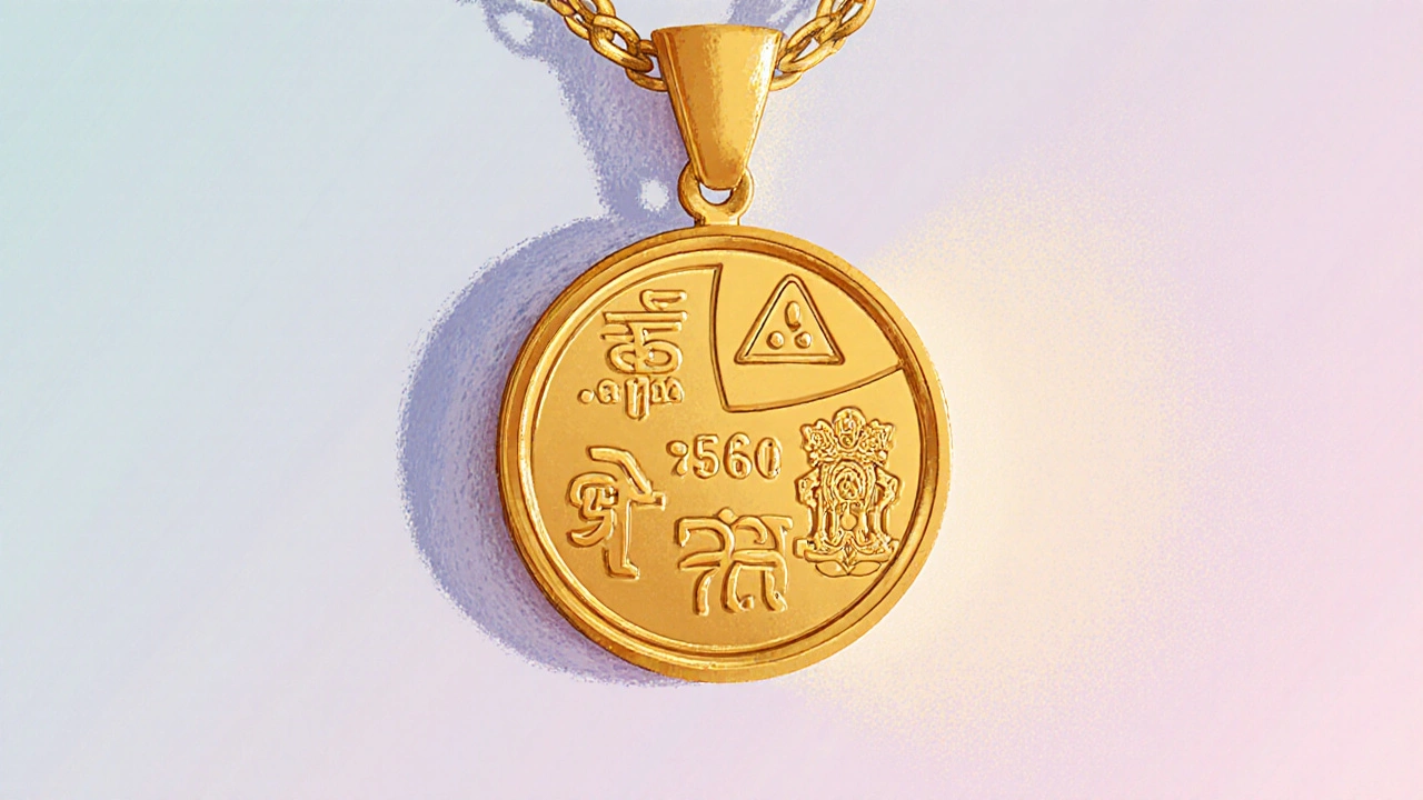 Illustrated gold necklace interior showing 750 purity mark, BIS triangle, and assay symbol.