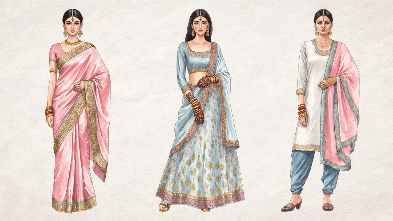 Illustration of a sari, Anarkali, and kurti with bindi, henna, and scarf.