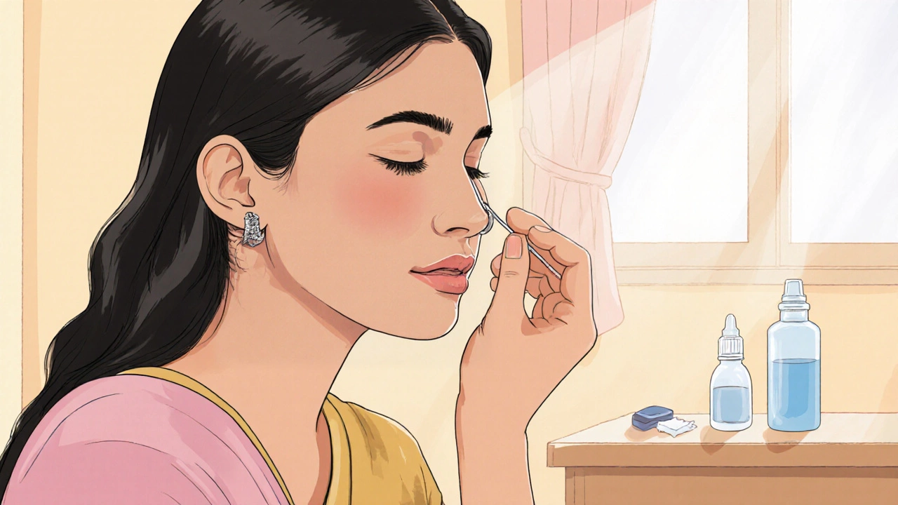 Illustration of a woman inserting a stainless‑steel nose stud with saline and adhesive nearby.