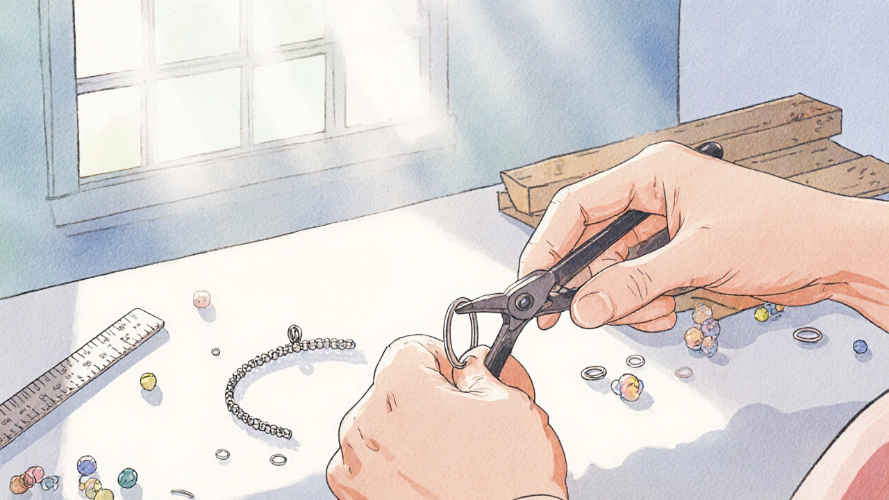 Illustration of hands opening a jump ring to attach a charm in a craft studio.