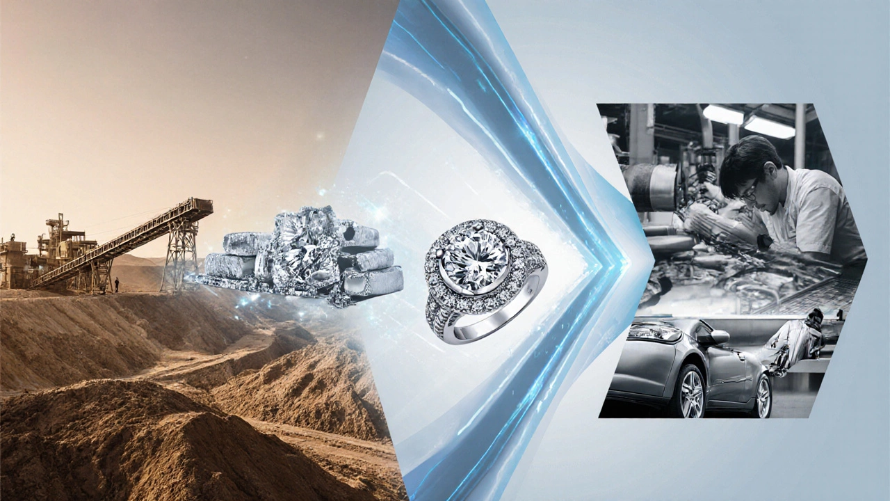 Illustration of platinum mining, jewelry crafting, and automotive use.