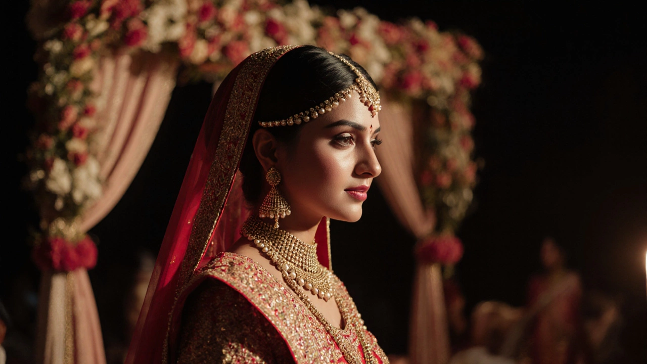 Indian bride in a red lehenga with a golden jeweled bindi under soft wedding lights.