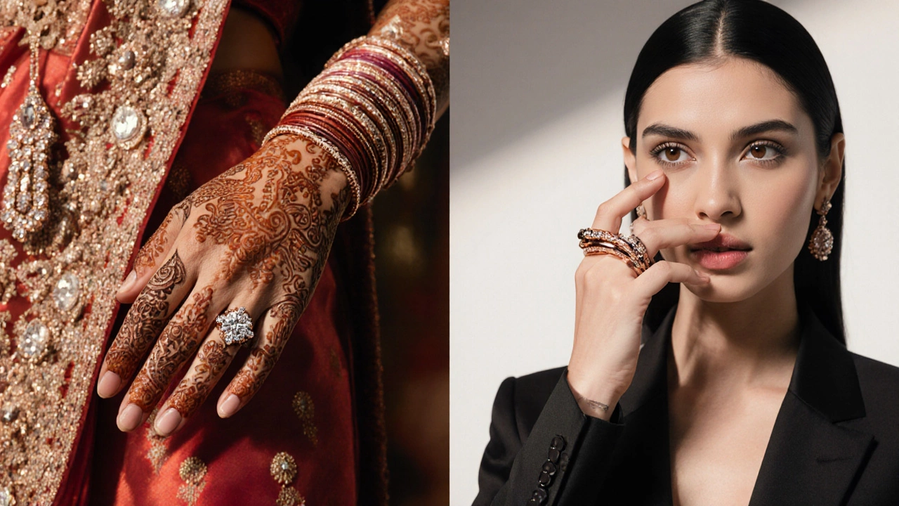Indian bride with rose gold diamond ring beside Western model wearing stackable rose gold rings.