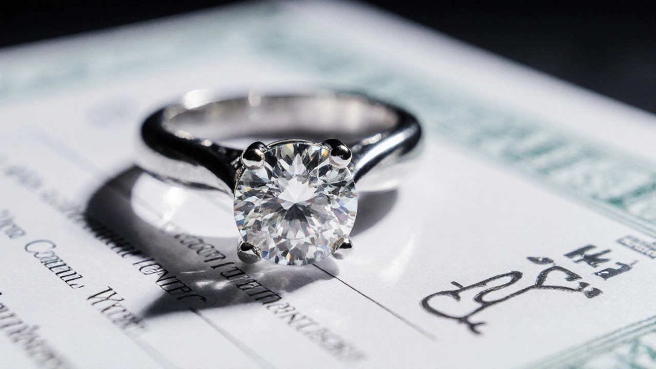 Macro view of a Tiffany Setting platinum ring with sparkling diamond and hallmarks.