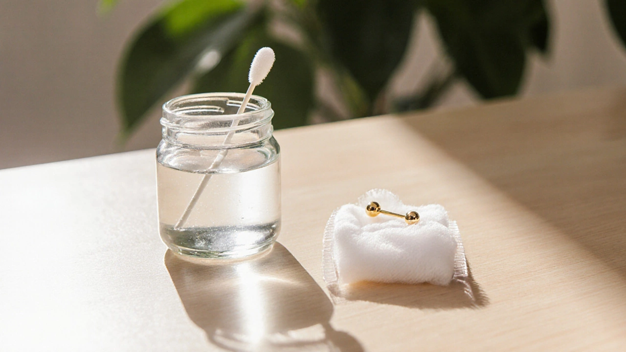 Morning vanity scene with saline bottle, cotton swab, and a gold nose pin in a pouch.