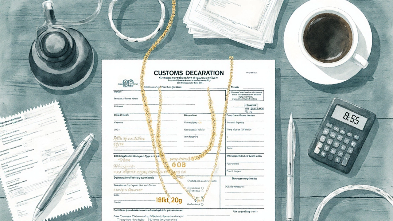 Overhead desk view with customs form, jewelry, receipts, and appraisal documents.
