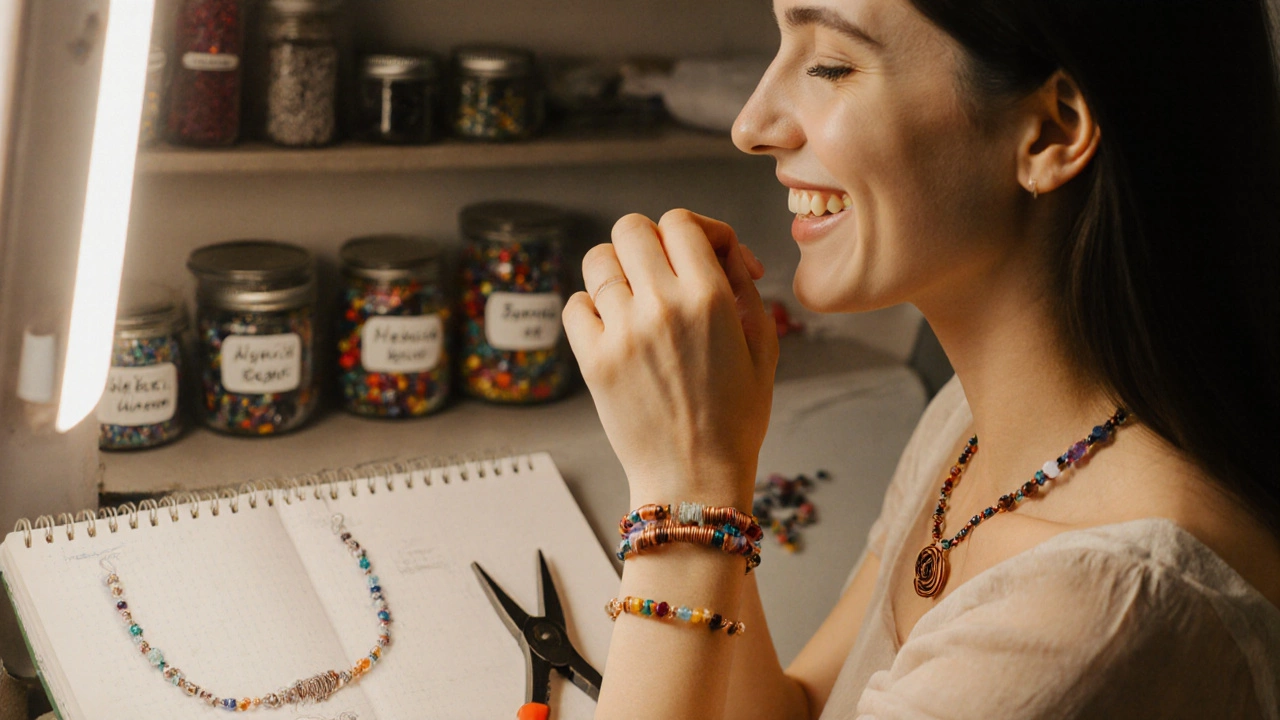 Person wearing handmade jewelry admiring their creation in a mirror with beads and notebook nearby.
