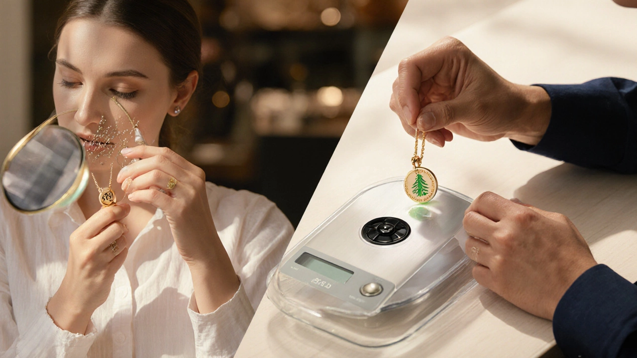 Shopper examining a 750 gold pendant with magnifying glass, acid test, and scale.