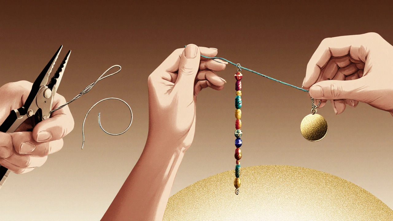 Three hands demonstrating jewellery-making techniques: looping wire, stringing beads, and attaching a pendant.