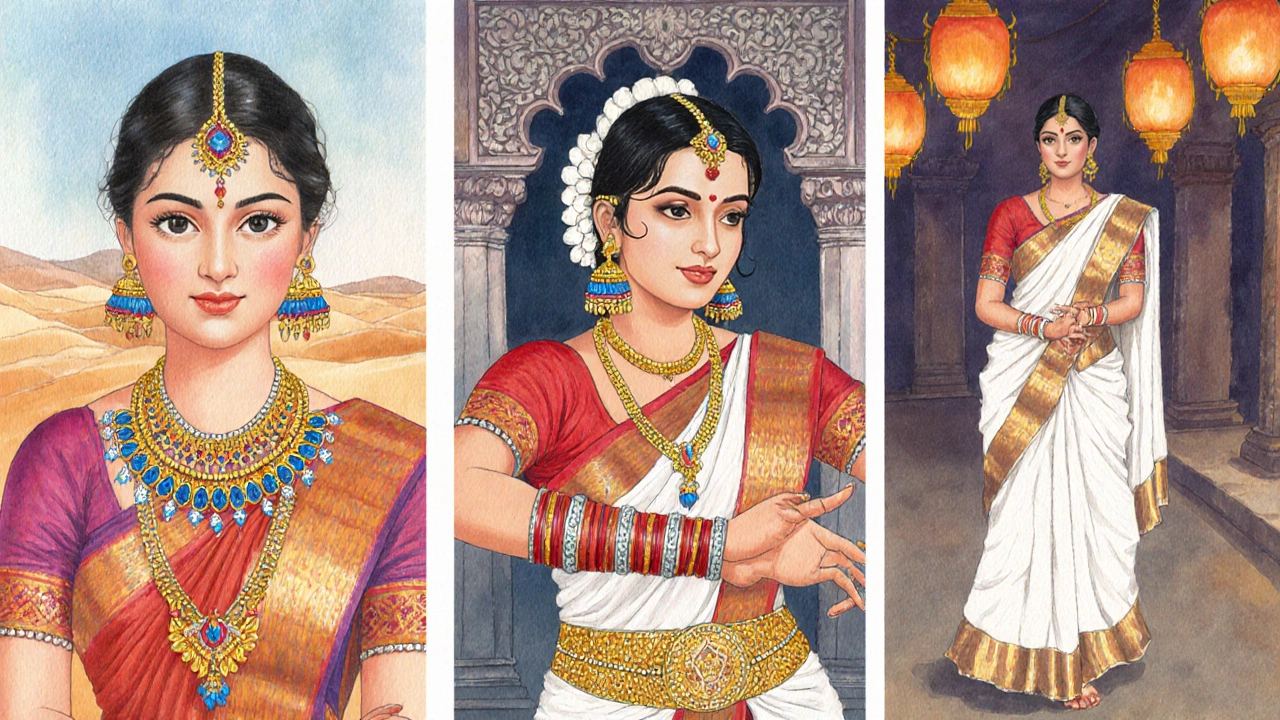 Three watercolor panels showing Rajasthan, South Indian, and Bengali jewelry styles.