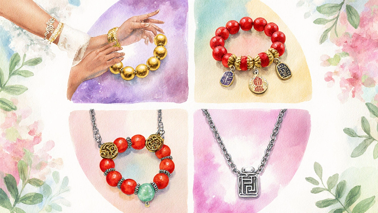 Various bracelets and necklaces showing lucky bead counts from India, China, Japan, and the West.
