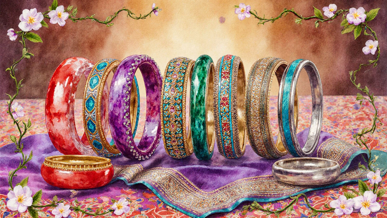 Watercolor of six bangle types—glass, lac, meenakari, Kundan, gold, silver—arranged on a silk scarf.