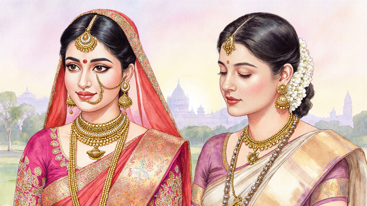 Watercolor of two brides: one in colorful north Indian lehenga with bold gold necklace, the other in silk south Indian saree with delicate layered mangalsutra.