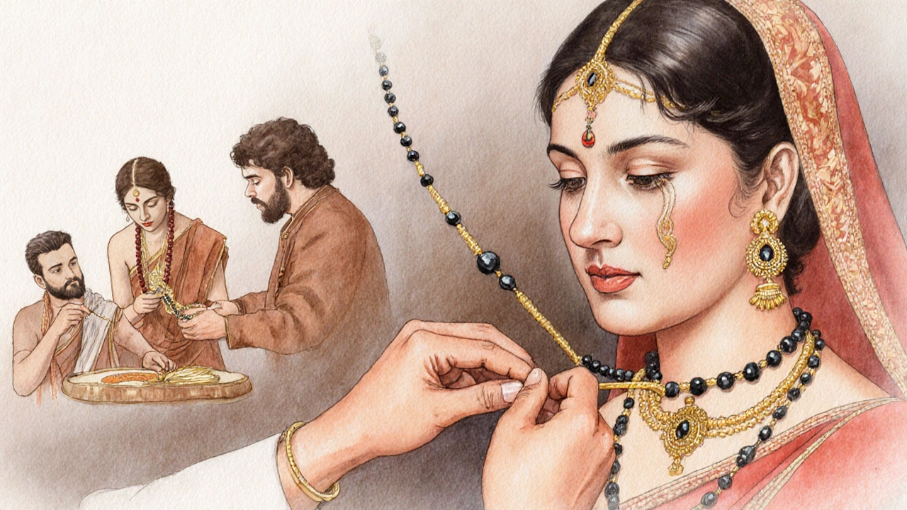 Watercolor scene of a groom tying a sacred cotton cord, transitioning to a gold mangalsutra with black beads.