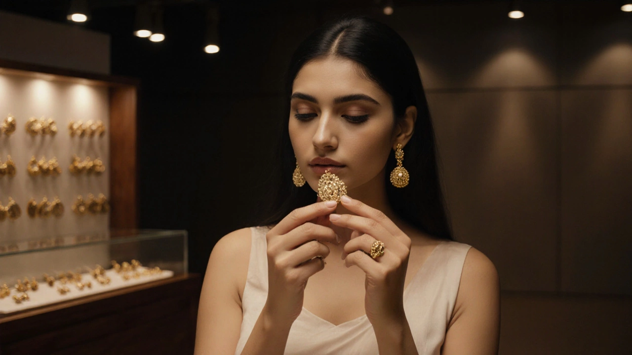 Woman in a boutique examining a round gold stud under warm lighting, highlighting its hallmark.