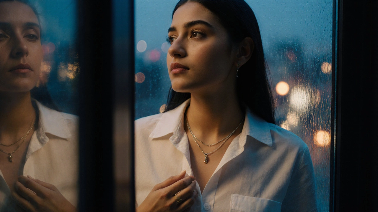 A modern woman touching her minimalist mangalsutra with three subtle knots while looking at her reflection in a rainy window.
