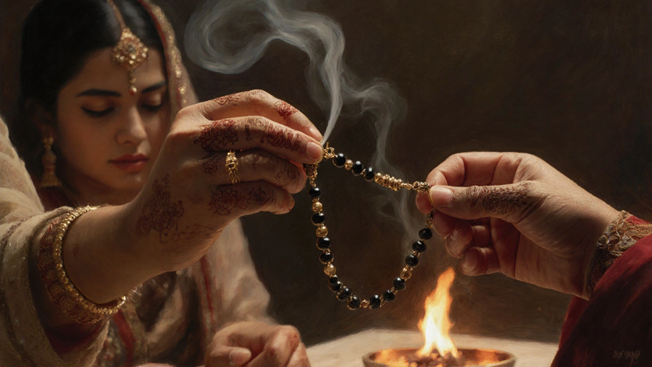 A woman&#039;s hand tying the third knot of a mangalsutra during a wedding ceremony, with incense smoke in the background.