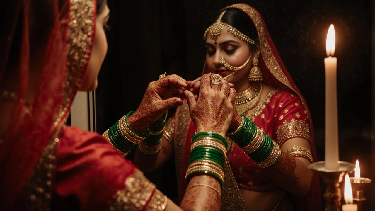 Bride in red lehenga with green and gold bangles being adorned by her mother.