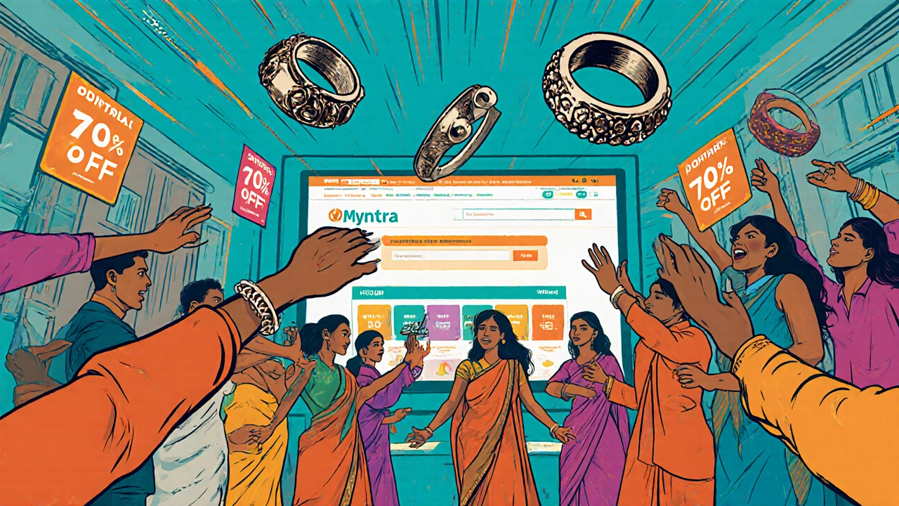 Comic-style scene of a fashion sale with floating accessories and flashing discount tags in an Indian home.