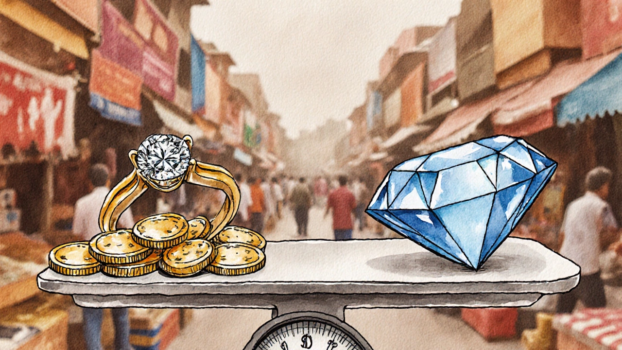 Diamond ring compared side by side with lab-grown diamond and gold coins in a Jaipur market setting.