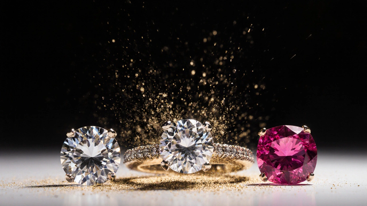 Diamond ring dissolving into dust beside glowing moissanite and ruby gemstones.