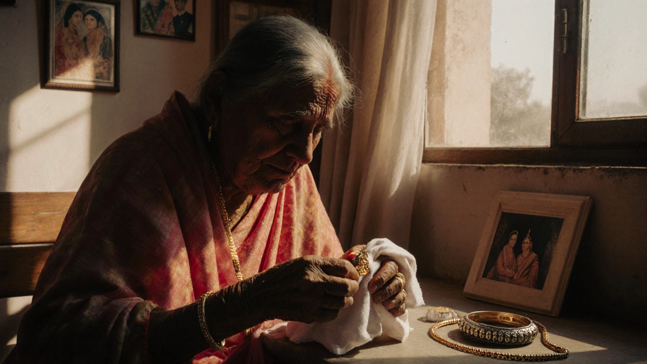 Elderly woman polishing a family heirloom gold toe ring beside wedding photos.