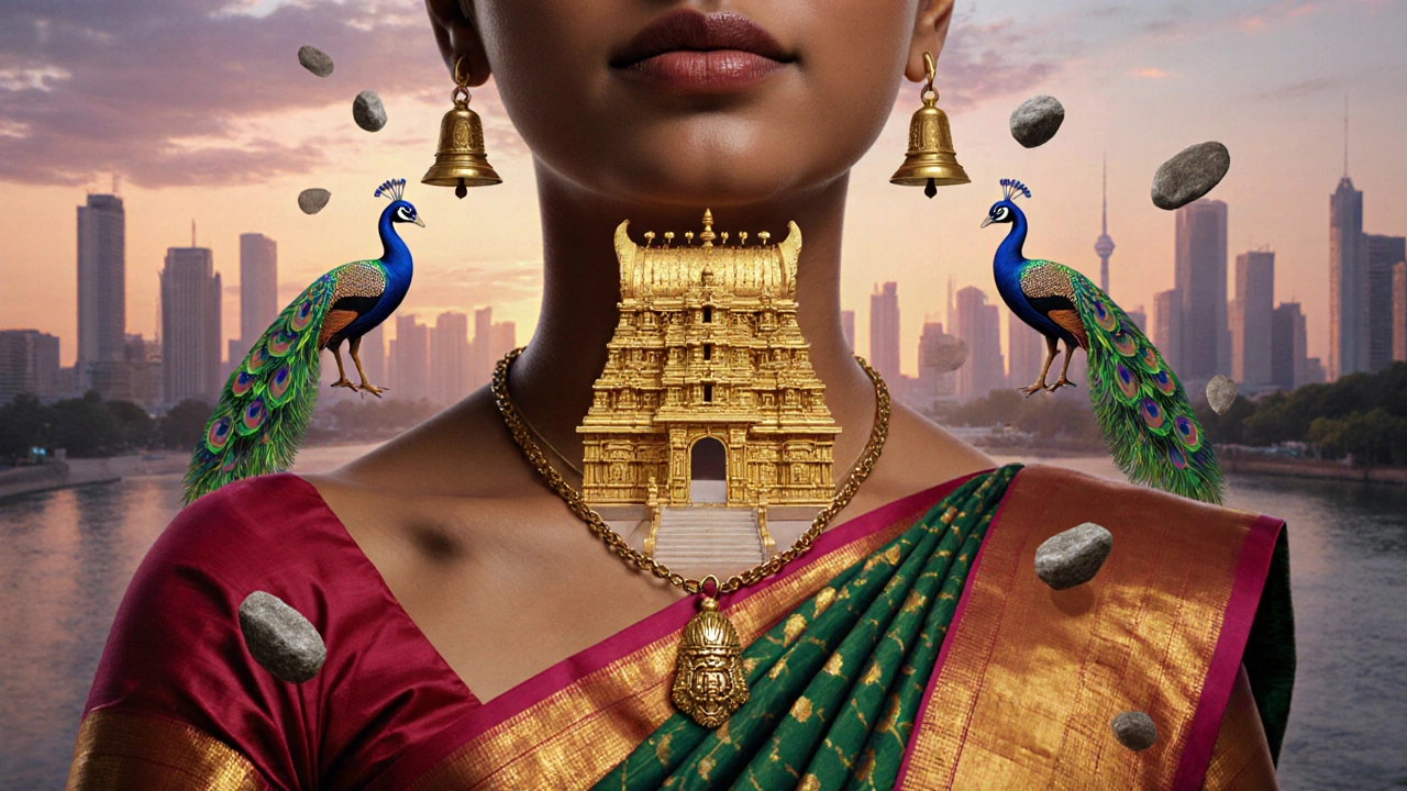 Golden temple pendant on a necklace merging with a city skyline, symbolizing tradition in modern life.