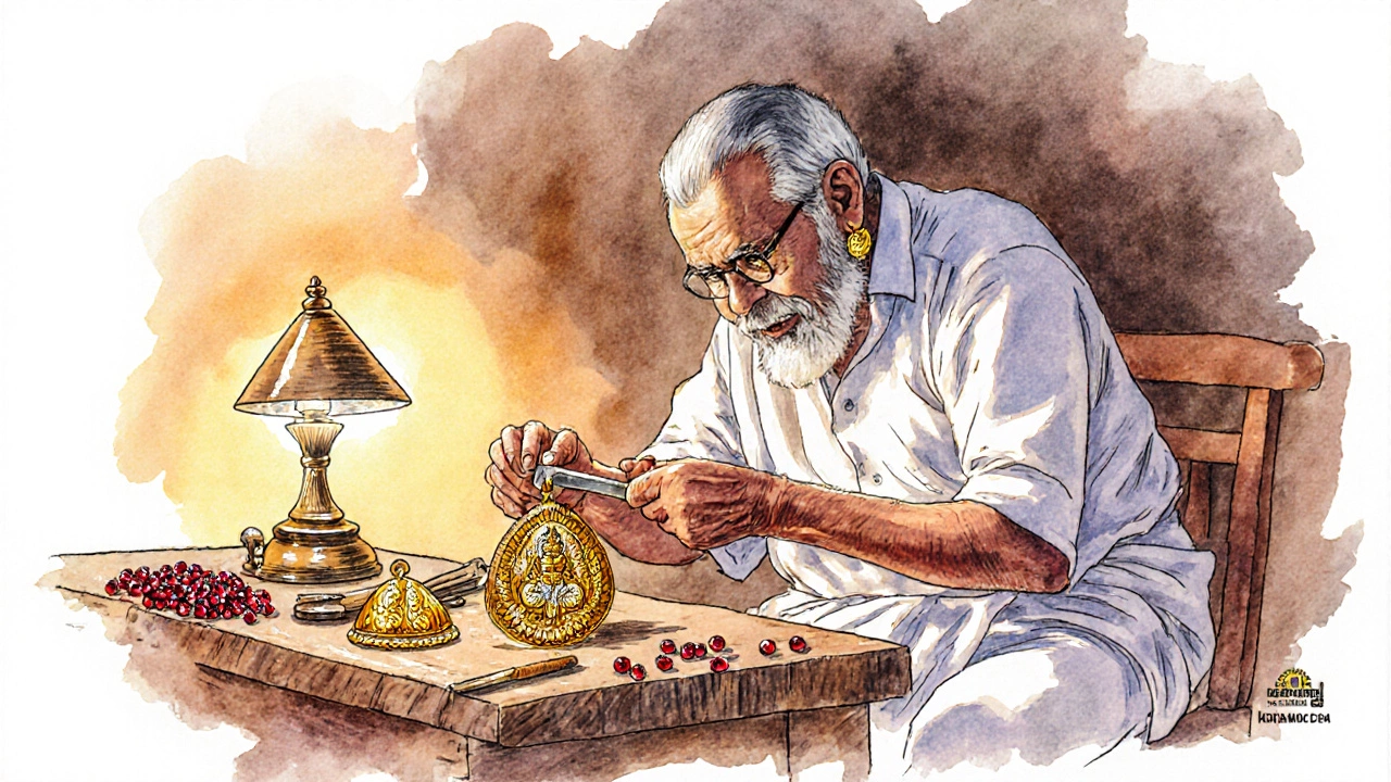 Master artisan hand-hammering gold to create intricate temple jewelry motifs in a workshop.