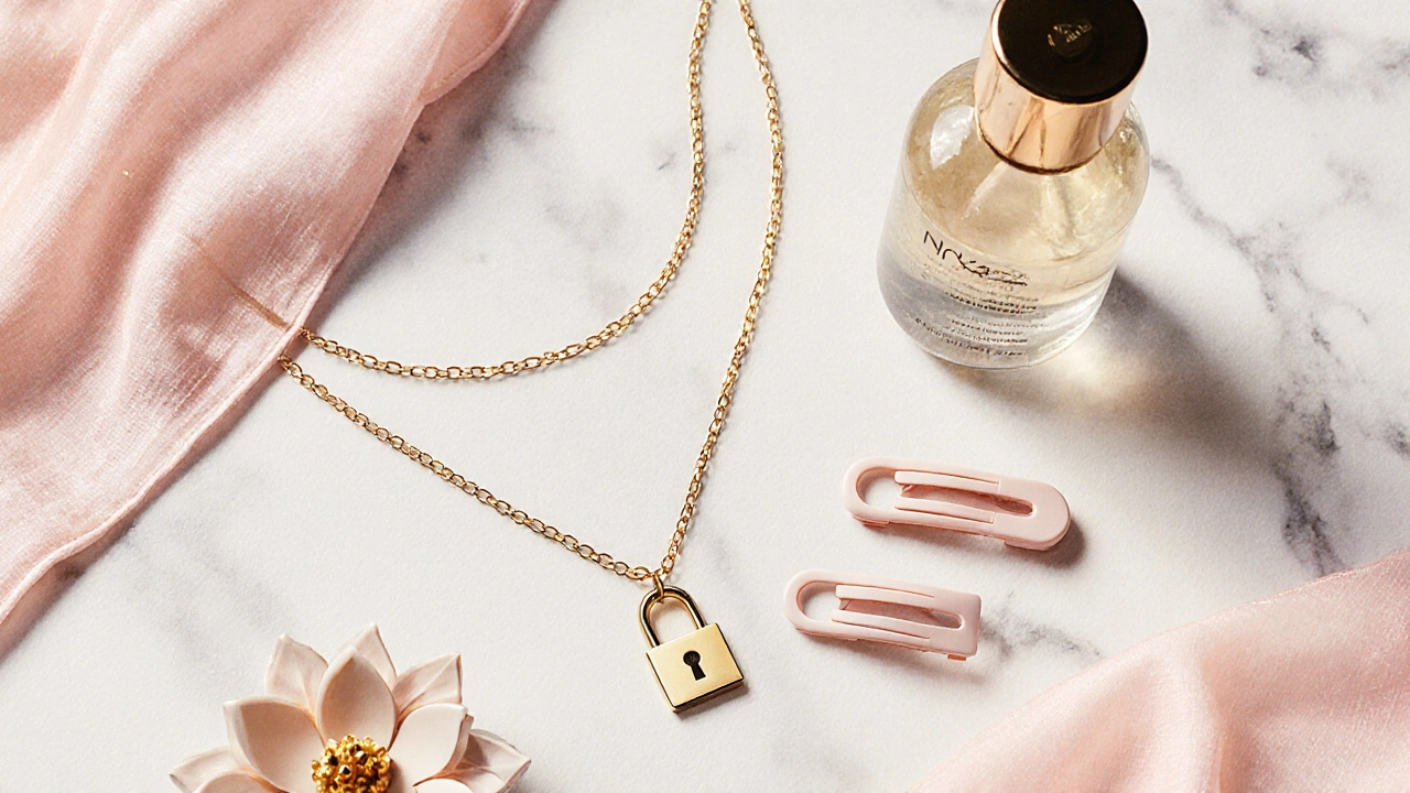 Minimalist accessory set with gold chain, hair clips, and lotus incense holder on marble beside skincare.